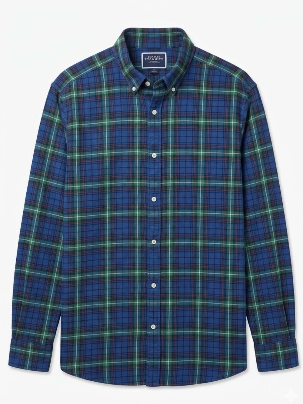 Charles Tyrwhitt Blue & Green Plaid Button-Down 100% Cotton Shirt - Holiday Wear